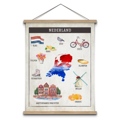 Schoolplaat Nederland met tulpen, molens, kaas, klompen en schaatsen
