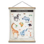 Schoolplaat dieren in Afrika, neushoorn, giraffe, struisvogel, olifant en zebra