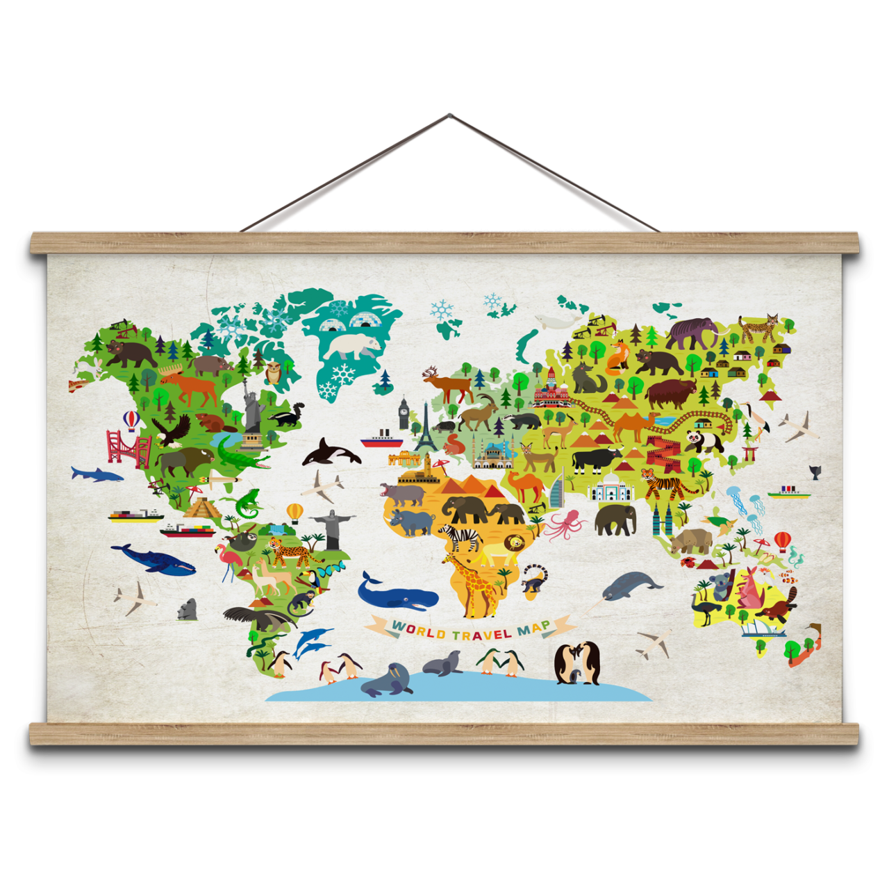 Schoolplaat wereldkaart met dieren