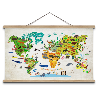 Schoolplaat wereldkaart met dieren
