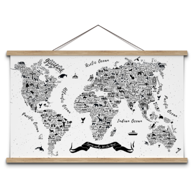 Schoolplaat wereldkaart met land en zee namen