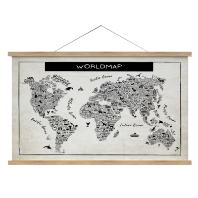 Schoolplaat wereldkaart met plaatsen, dieren en oceanen