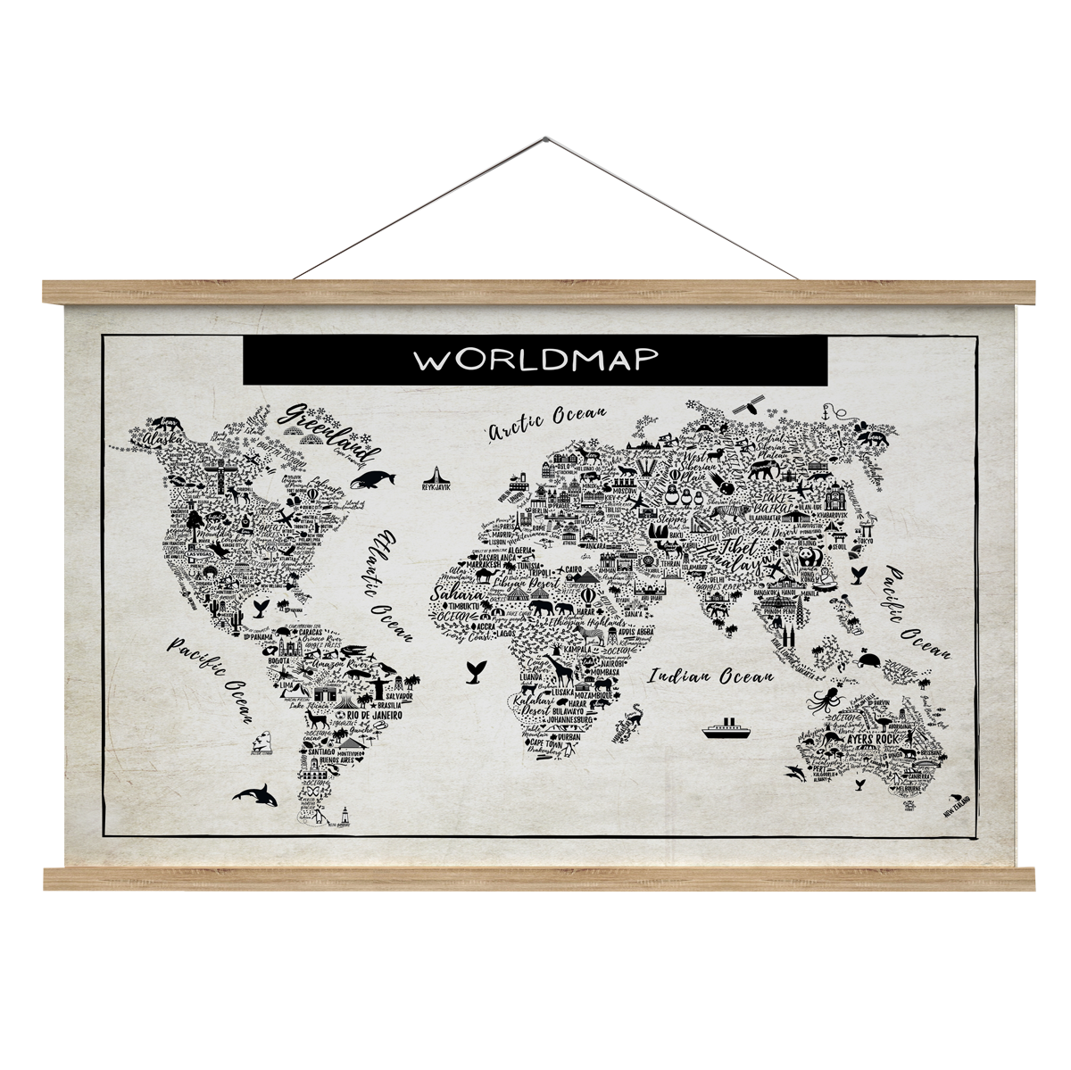 Schoolplaat wereldkaart met plaatsen, dieren en oceanen