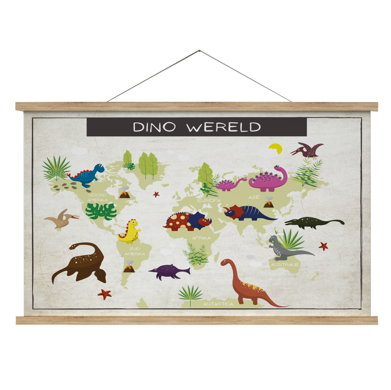 Schoolplaat wereldkaart met dinosaurussen