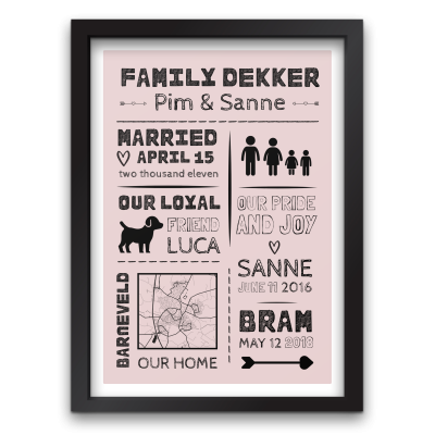Oud roze familie poster met zwarte lijst