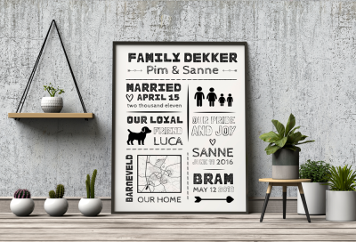 Familieposter met woonplaats, huisdieren en namen en geboortedatums