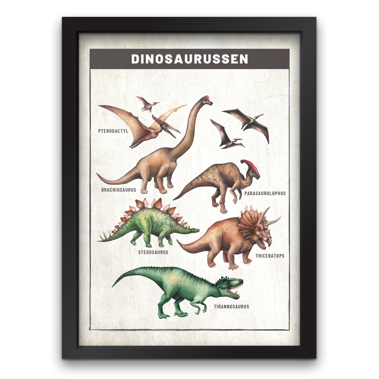 Dinosaurus poster zwarte lijst met t-rex en andere dinosaurussen