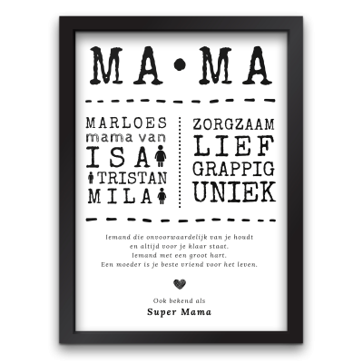 Mama poster zwarte lijst super mama met namen kinderen
