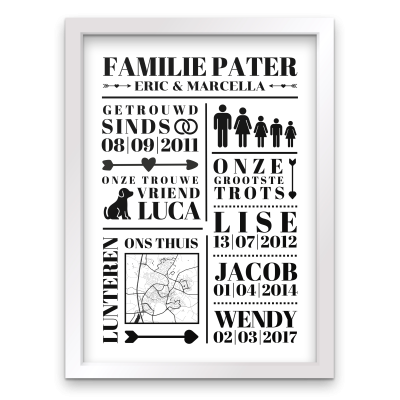 Witte familie poster met witte lijst in formeel lettertype